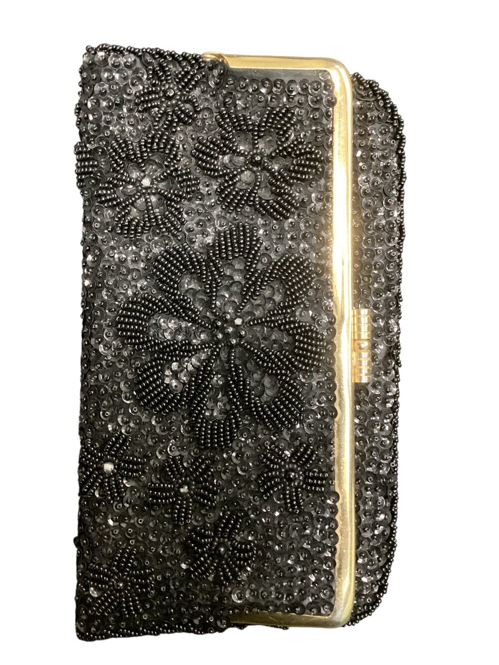 Vintage Purse Women’s One Size Heavily Beaded Lovely Flower Motif Shiny Black